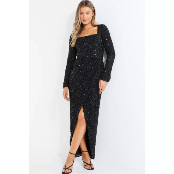 QUIZ Women's Long Sleeve Sequin Wrap Evening Dress