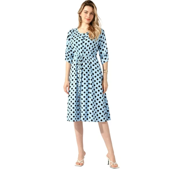 Allegra K Women's Polka Dots Print Ruched Sleeve Button Drawstring Waist Midi Dress