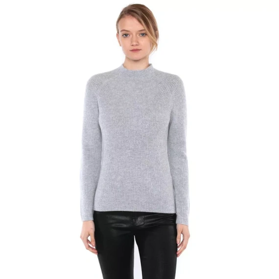 JENNIE LIU Women's 100% Pure Cashmere Long Sleeve Chuncky Rib Funnel Neck Sweater