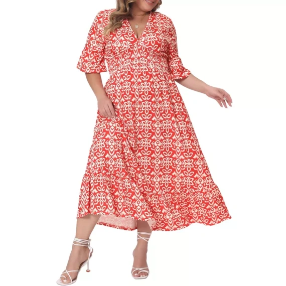 Agnes Orinda Women's Plus Size Boho Floral Short Bell Sleeve Ruffled Hem Deep V Neck Maxi A Line Dresses