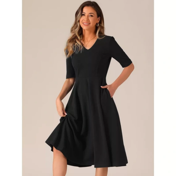 Allegra K Women's 1950s Vintage V Neck Half Sleeve Swing Dress with Pockets - Image 3