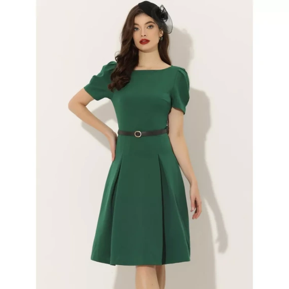 Allegra K Women's Elegant Work Belted Boat Neck Short Sleeve Midi Dresses - Image 2