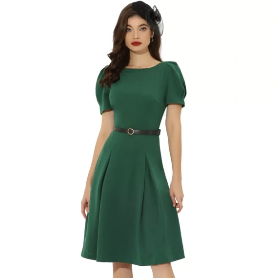 Allegra K Women's Elegant Work Belted Boat Neck Short Sleeve Midi Dresses