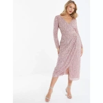 QUIZ Women's Long Sleeve Sequin Midi Dress