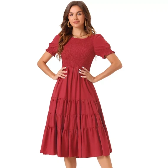 Allegra K Women's Summer Peasant Smocked Short Sleeve Midi Tiered A-Line Dress