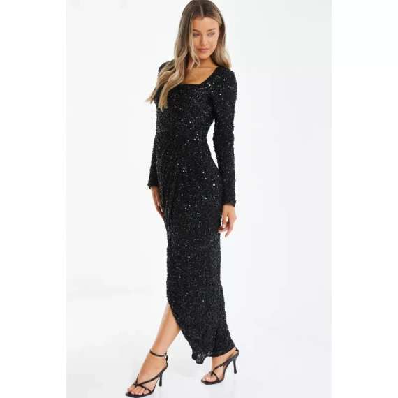 QUIZ Women's Long Sleeve Sequin Wrap Evening Dress - Image 2