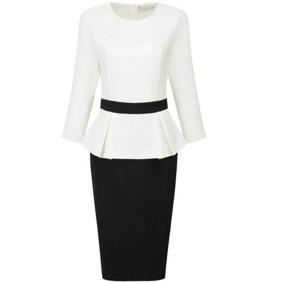 Hobemty Women's Round Neck 3/4 Sleeve Contrast Peplum Pencil Dress - Image 3