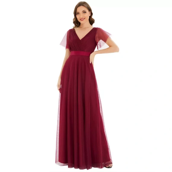 V-Neck Floor-Length Short Sleeve Tulle Bridesmaid Dresses