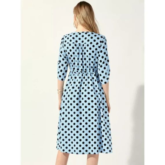 Allegra K Women's Polka Dots Print Ruched Sleeve Button Drawstring Waist Midi Dress - Image 3