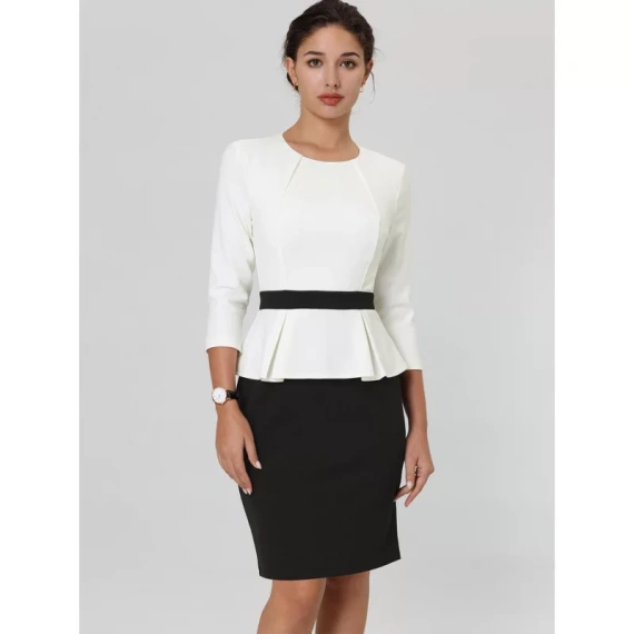 Hobemty Women's Round Neck 3/4 Sleeve Contrast Peplum Pencil Dress