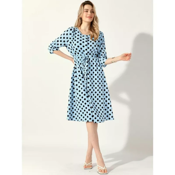 Allegra K Women's Polka Dots Print Ruched Sleeve Button Drawstring Waist Midi Dress - Image 2