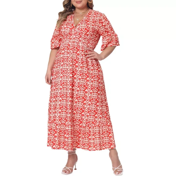 Agnes Orinda Women's Plus Size Boho Floral Short Bell Sleeve Ruffled Hem Deep V Neck Maxi A Line Dresses - Image 2