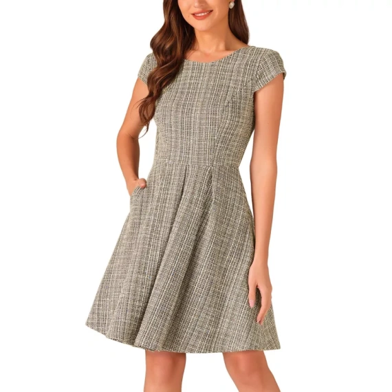 Allegra K Women's Plaid Round Neck Cap Sleeve A-Line Vintage Pleated Dresses