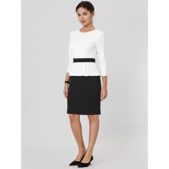 Hobemty Women's Round Neck 3/4 Sleeve Contrast Peplum Pencil Dress - Image 2