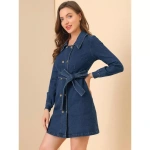 Allegra K Women's Denim Long Sleeve Pockets Button Down Belt Dress