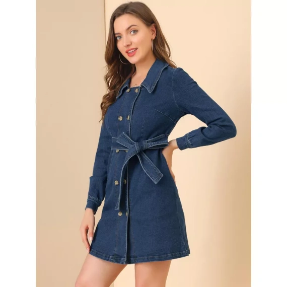 Allegra K Women's Denim Long Sleeve Pockets Button Down Belt Dress